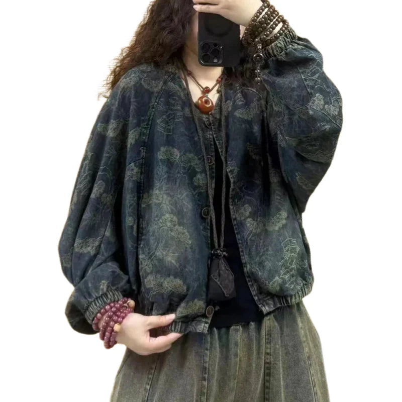 AIERTU  -  Spring Vintage Jacquard Denim Jacket For Women Loose Casual Short Button Down Jean Coat Long Sleeve Versatile Retro Jacket Aiertu