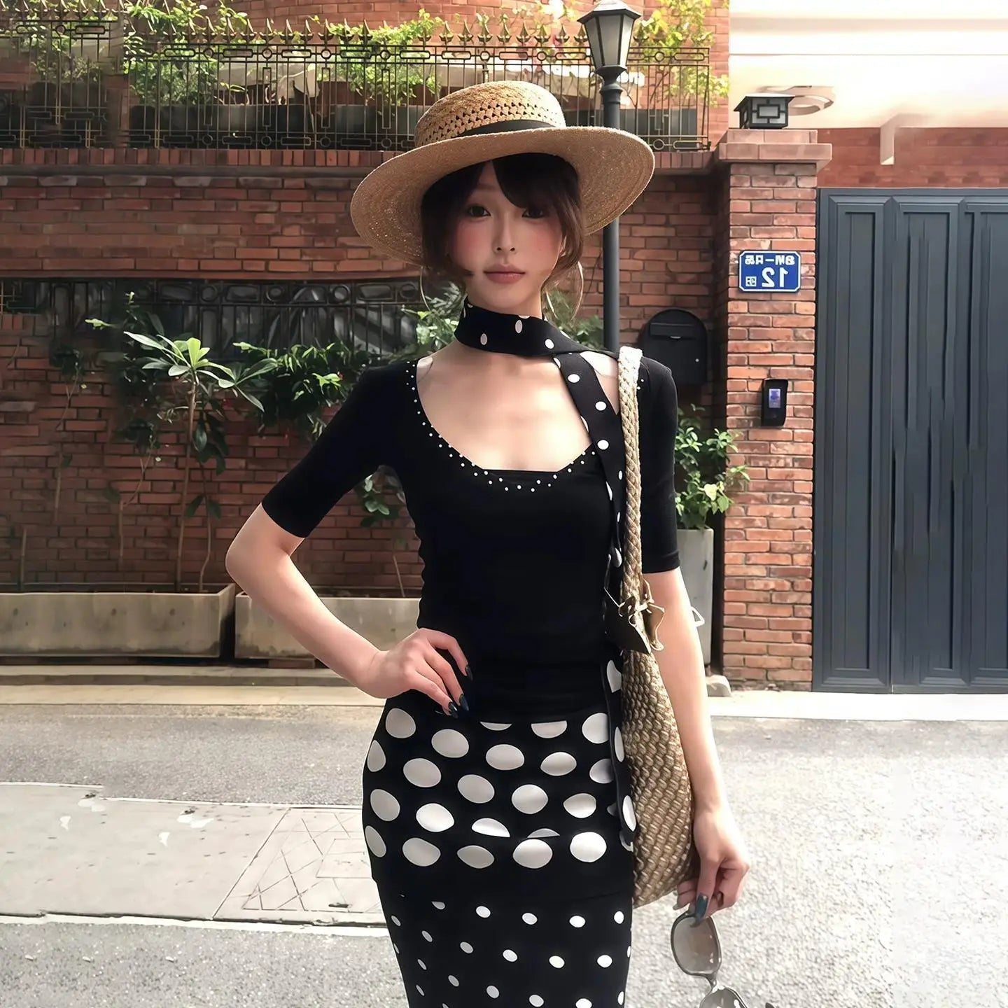 AIERTU  -  Sexy Wind Neck Streamer U-neck Polka Dot Short-sleeved T-shirt Summer New Female Slim Slim Top Fashion Two-piece Set Aiertu