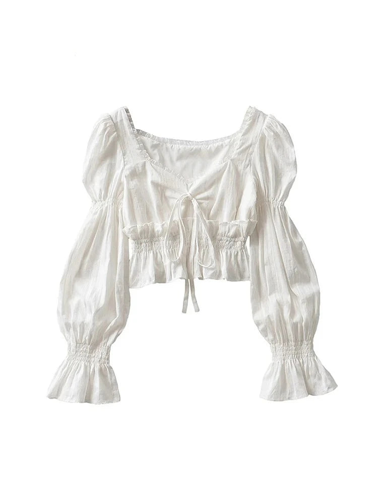 Aiertu French Pleated Lantern Long Sleeve Shirt For Women's 2022 Spring And Autumn New Vintage White Square Collar Blouse Tops Female Aiertu