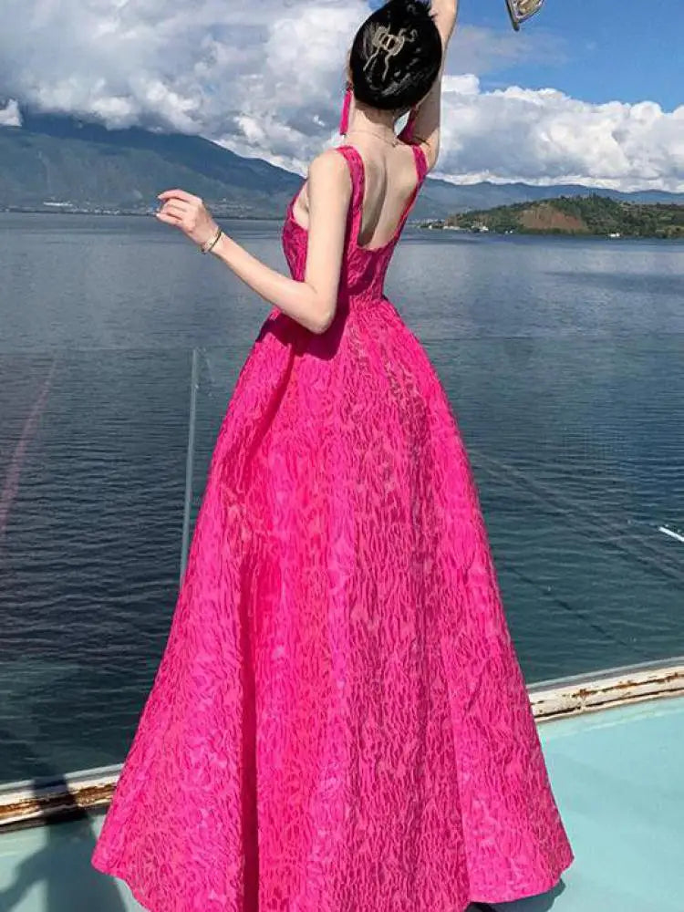 Aiertu Summer New Women French Rose Red Elegant Jacquard Evening Party Dresses Square Neck Backless Princess Birthday Long Dress Simple Aiertu