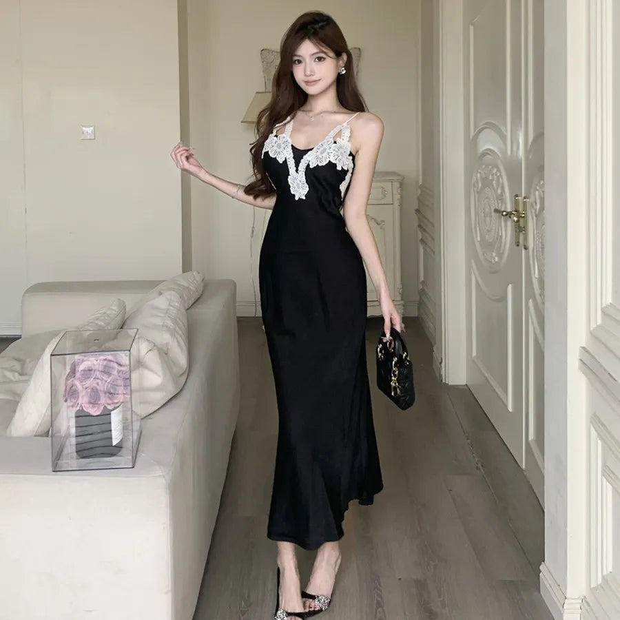 AIERTU  -  Summer French Elegant Fashion Long Dress Women's Backless Sexy Black Spaghetti Strap Party Dress Beach Holiday Bodycon Dress Aiertu