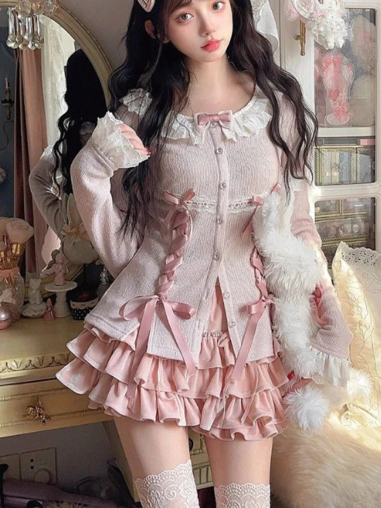 Aiertu Fashion Sweet Longsleeve Lace Up Slim Fit Knitted Tops Women+ High Waist Ruched Mini Cake Skirts 2024 Summer New Two Piece Sets Aiertu