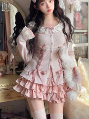 Aiertu Fashion Sweet Longsleeve Lace Up Slim Fit Knitted Tops Women+ High Waist Ruched Mini Cake Skirts 2024 Summer New Two Piece Sets Aiertu