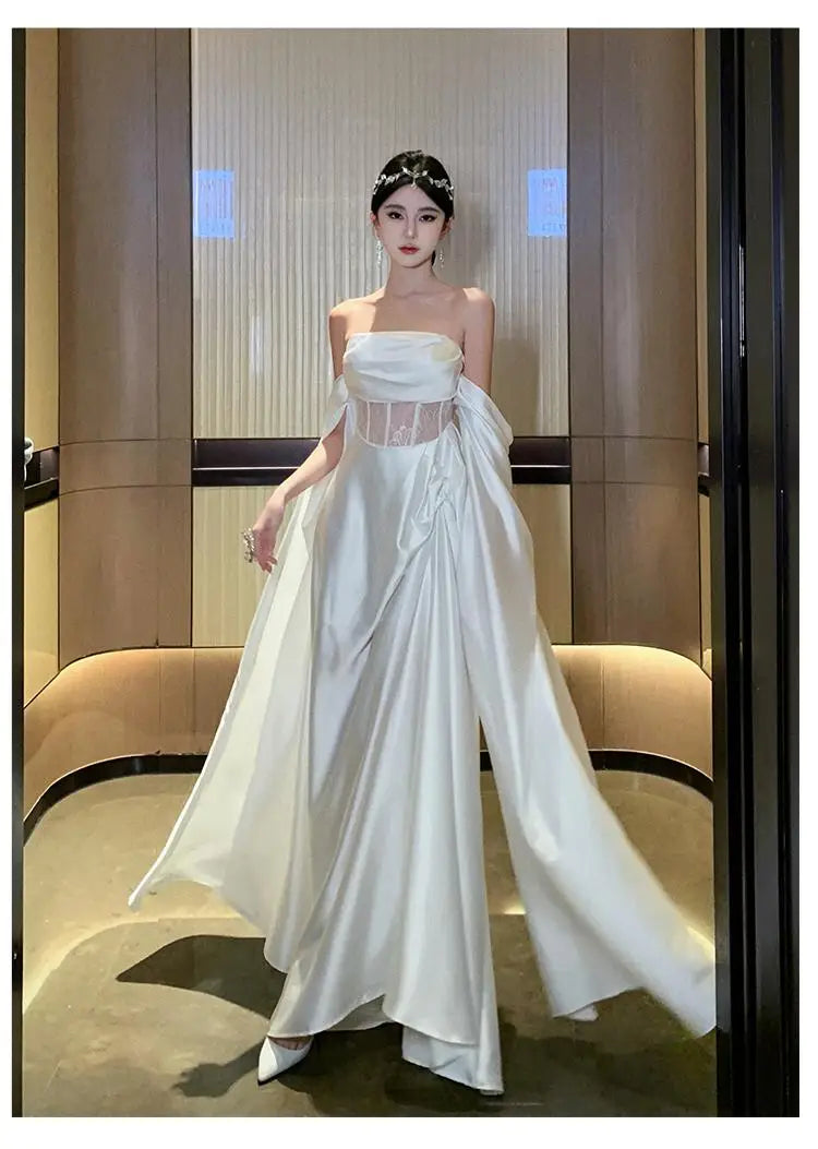 Aiertu Retro White Lace High Waist Off Shoulder Strapless Long Dress Women Sleeveless Backless Pleated Party Evening Dresses Summer New Aiertu