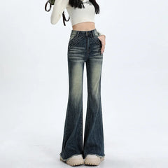 Aiertu Blue High Waist Skinny Pants Jeans Women Autumn High Street Slimming Trumpet Denim Pants Retro Extended Version Horseshoe Pants aiertu