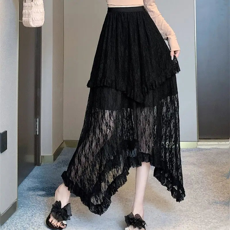 Aiertu Lace Fairycore Tulle Women Skirt Sweet Ruffle White Skirts Vintage Korean Style Streetwear Patchwork Irregular Skirt Aiertu