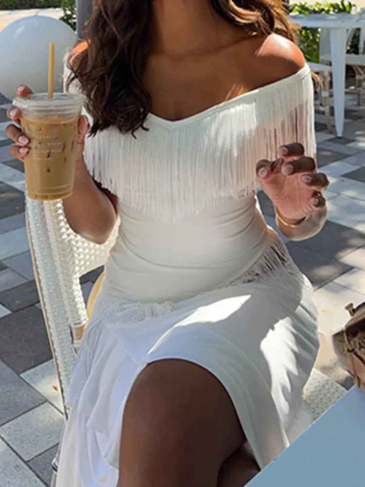 AIERTU  -  Casual V-Neck Fringe Top For Women Off Shoulder Short Sleeve Asymmetric Hem Slim Fit T-Shirt Lady's Western Style Daily Tops Aiertu