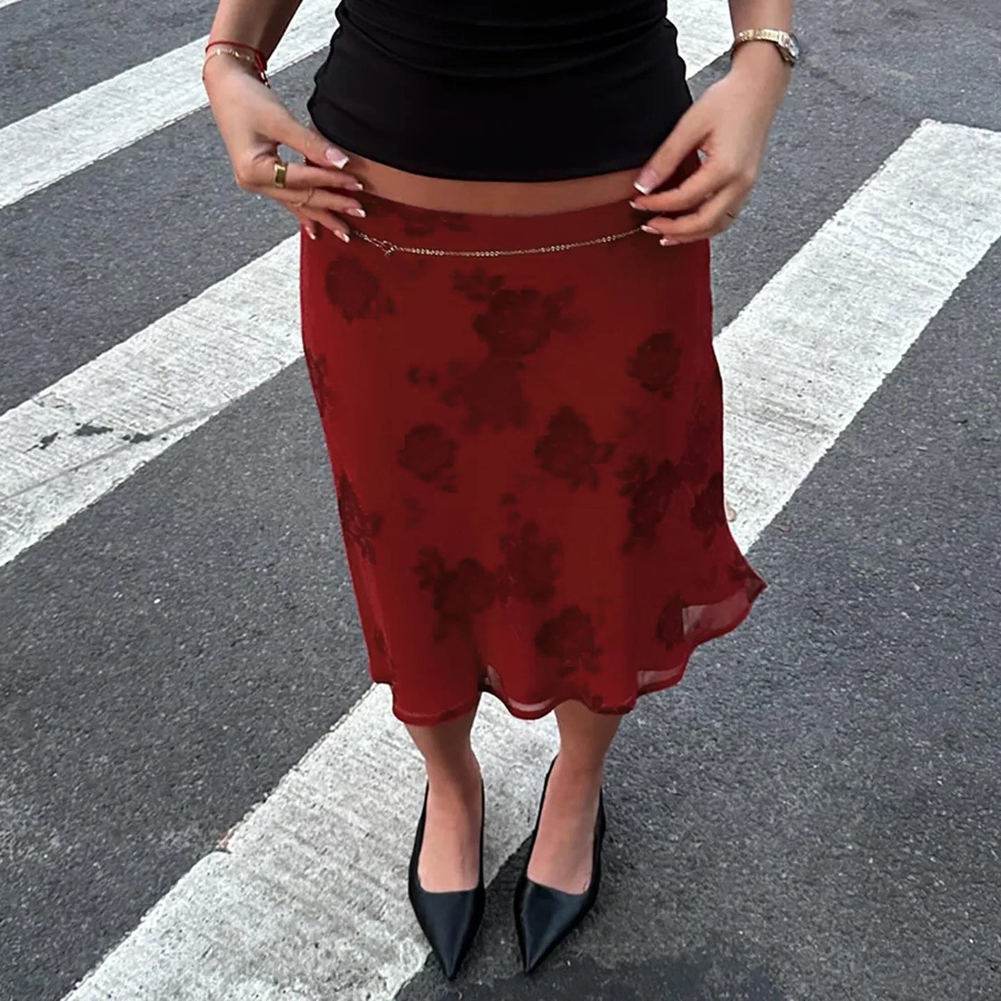 AIERTU  -  Retro Floral Digital Print Low Waist Lightweight Double Layer Mesh Skirt Temperament Hip Hugging Women Daily Vacation Skirt Aiertu