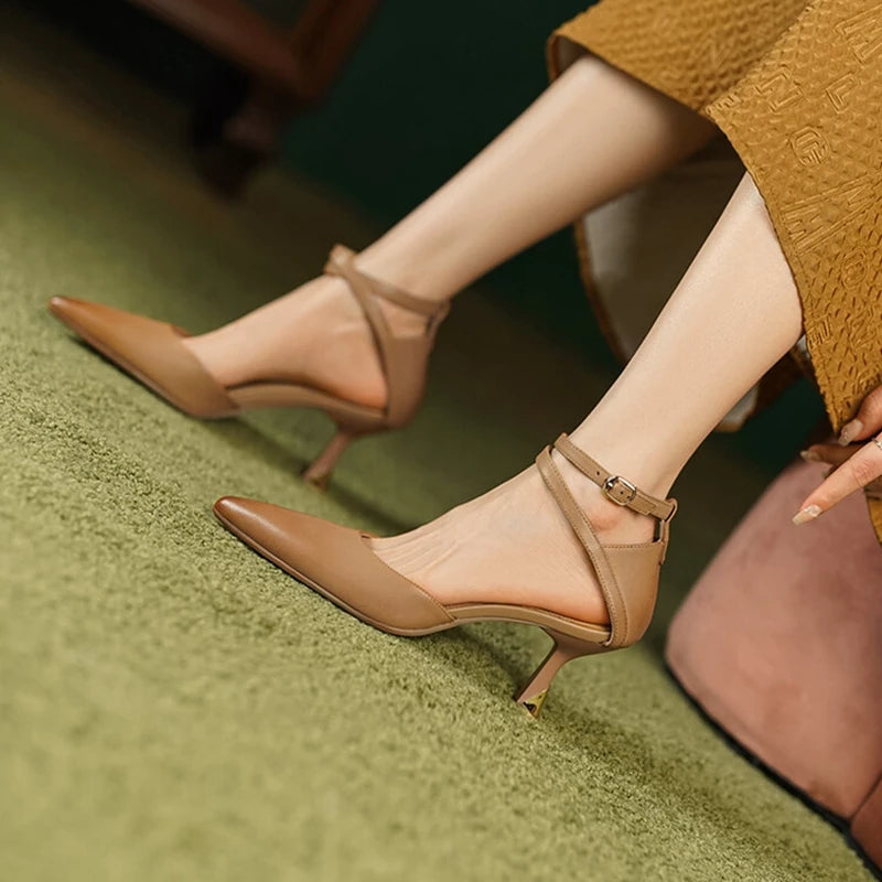 Aiertu NEW Summer/Spring Women Shoes Pointed Toe Thin Heel Sandals Solid High Heels Elegant Genuine Leather Shoes for Women Party Shoes Aiertu