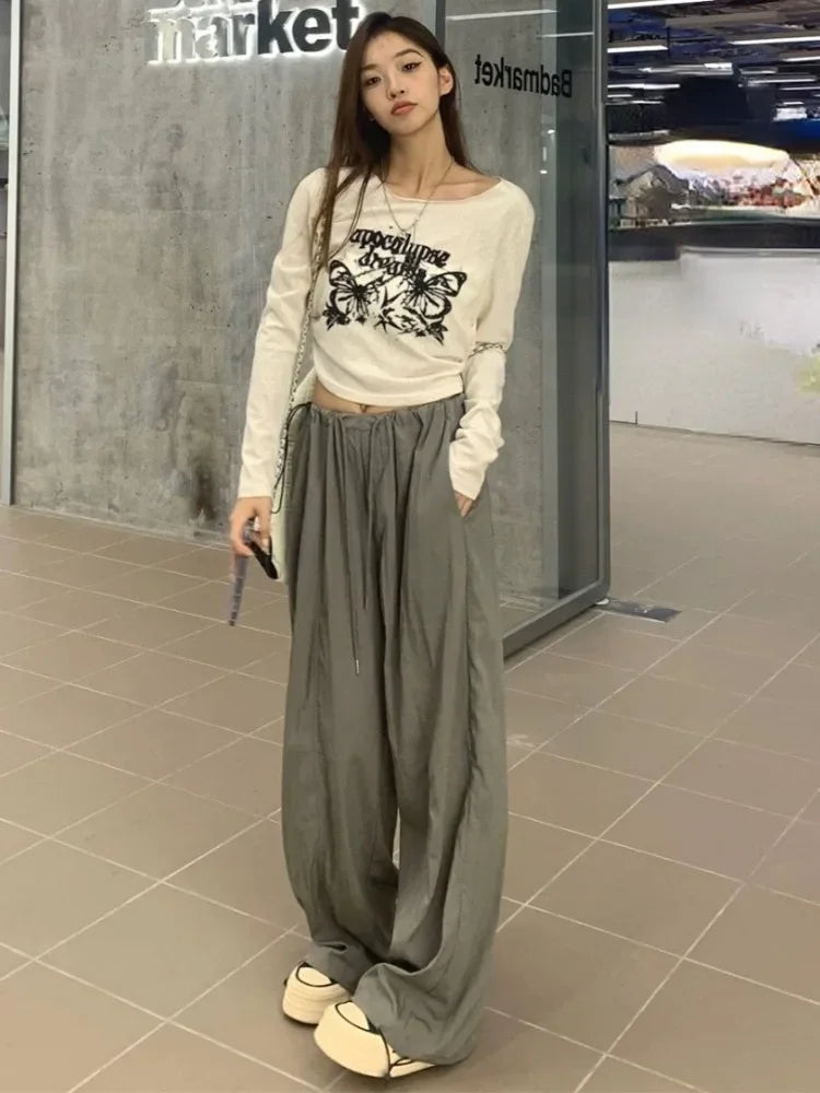 Aiertu Sexy Pleated Grunge Tee Shirts Femme Slim Fit Y2k Aesthetic Letter Print Long Sleeve Cropped Top Women Fashion All Match T-shirt Aiertu