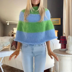 AIERTU  -  Y2K Color Block Poncho Sweater Women Mock Neck Loose Batwing Sleeve Fluffy Knit Cape Pullover Casual Oversized Striped Tops Aiertu