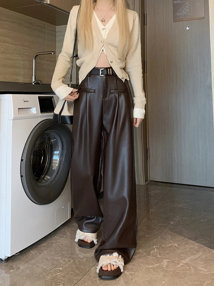 New White Casual Fashion Female Pu Wide Leg Pants Winter Black Office Lady Loose High Waist Simple Women Brown Leather Trousers Aiertu