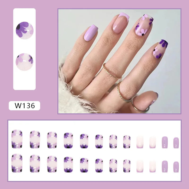 Aiertu 24pcs/Box Ballerina Nail Tip Purple with Design Manicure Patches Fresh Floral Almond False Nails Press on Med Nails Detachable Aiertu