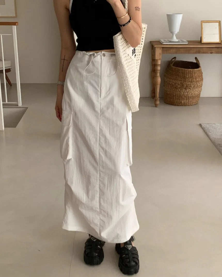 AIERTU  -  Fashionable Korean Style Pure Color Drawstring Work Skirt High Waist H-Shape Loose Fit Commute Style Ladies Skirt Aiertu