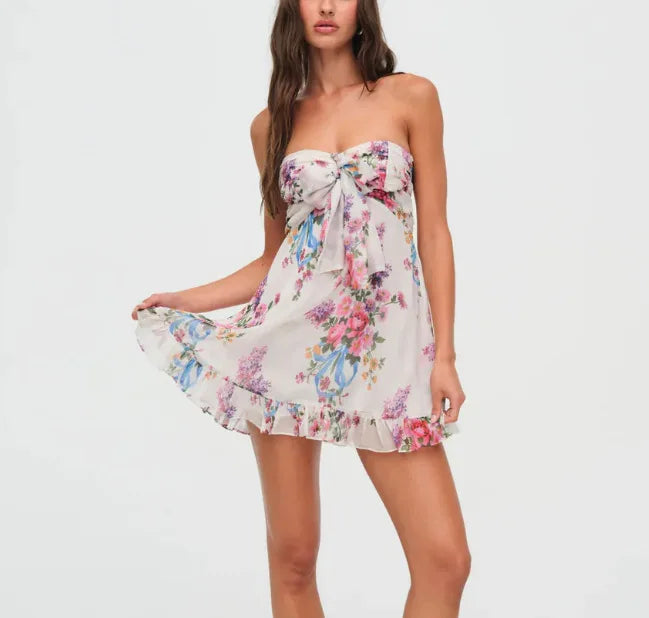 AIERTU  -  New Sexy French Print Translucent Floral Tube Top A-shaped Dress Dress Aiertu