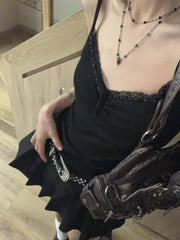 Aiertu Patchwork Lace Button Slim Women Tanks Streetwear Grunge Fashion Vintage Solid Crop Top Y2k Aesthetic All Match Camisoles Summer Aiertu
