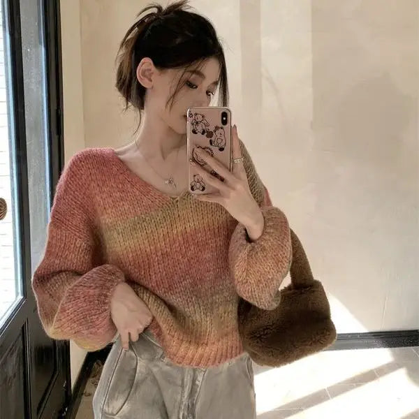 Korean Fashion Autumn/Winter Sweaters Pullovers New Women's O-Neck Printing Patchwork Trend Versatile Long Sleeve Knitted Tops Aiertu