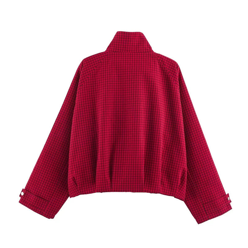 AIERTU  -  Women's Jacket Spring and Autumn New Fashionable Versatile Long-Sleeve Stand Collar Plaid Pilot Jacket Aiertu