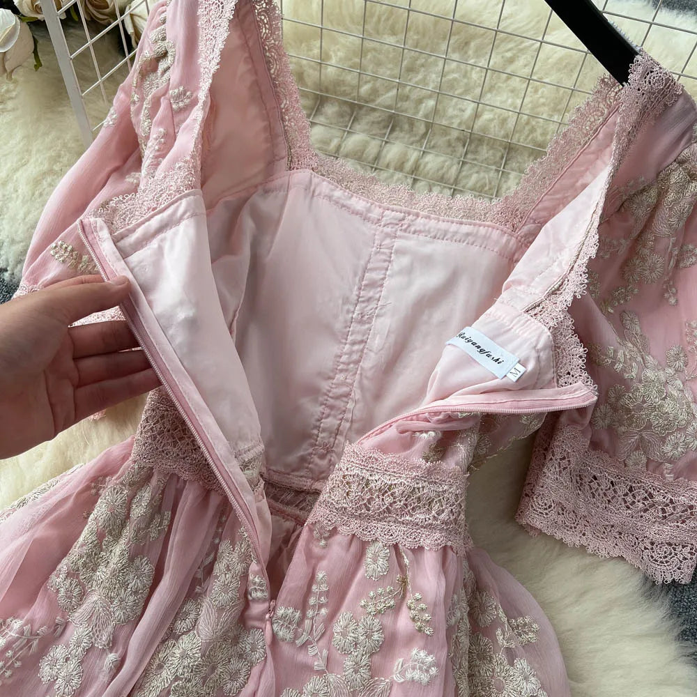 Aiertu  High Quality Lace Embroidery Long Dress Women Short Sleeves Mesh A Line Sundress French Vintage Floral Midi Dress Aiertu
