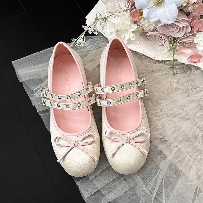 AIERTU  -  Pink Floral Pattern Low Heel Mary Jane Shoes Women Summer Comfort Silver Bowknot Ballet Flats Woman's Lolita Shoes Aiertu