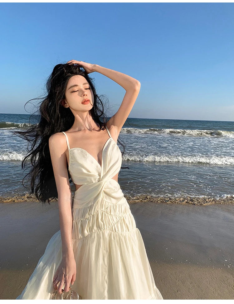 Aiertu Summer Beige Sexy Club Backless Women Elegant Pleated Slip Dress V-neck Slim Lace Up Sleeveless Evening Party Fairy Long Dresses Aiertu