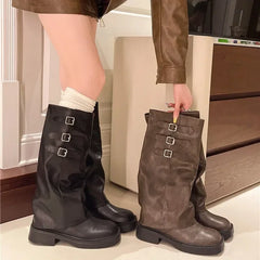 Winter New Women's Boots High Quality Fashionable Round Toe Solid Color Buckle Mid-heeled Sleeve Women's High Boots Aiertu