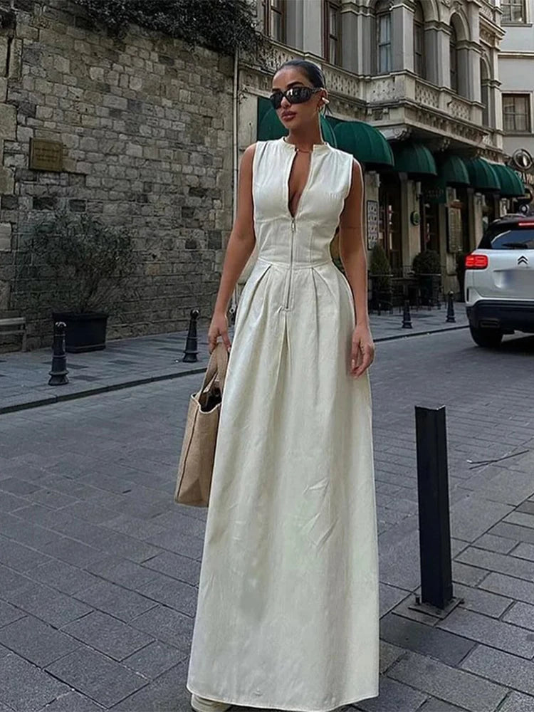 Aiertu Elegant Solid Sleeveless Women Maxi Dress Fashion V-neck Zipper Slim Cotton Linen Dresses 2024 Summer Office Lady Commuting Robe Aiertu