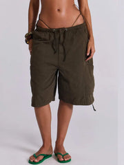 AIERTU  -  Euramerican Safari Style Drawstring Half Pants Y2k All Match Side Pockets Design Casual Women Wide Trousers Stright Short Pants Aiertu