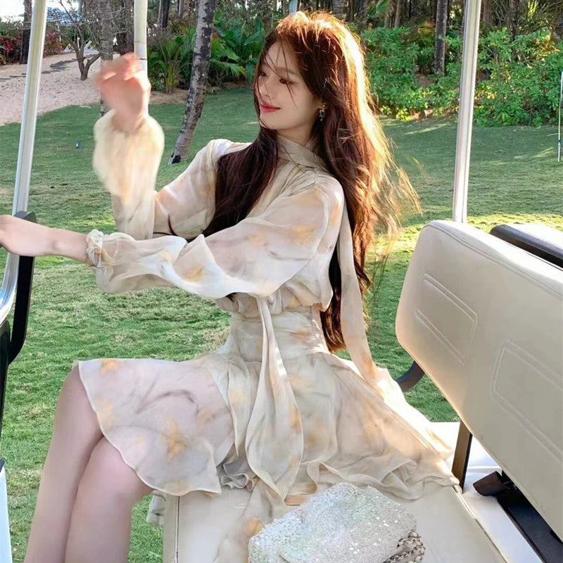 Aiertu 2024 New Holiday Dress Women Summer Long Sleeve V-Neck Bubble Sleeve Chiffon Beach Printed Dress Irregular Fairy Dress Boho Aiertu