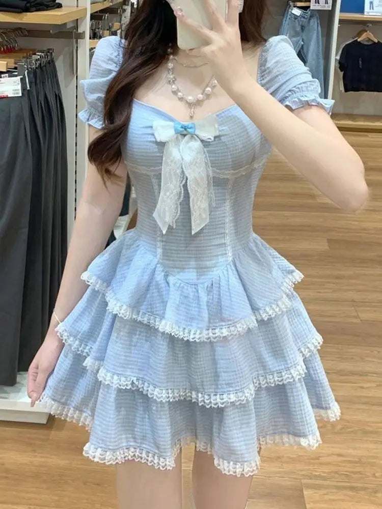 Aiertu 2024 Summer Sweet Kawaii Blue Plaid Dress Woman Lolita Lace Y2k Mini Dress Short Party Elegant One Piece Dress Korean Fashion Aiertu