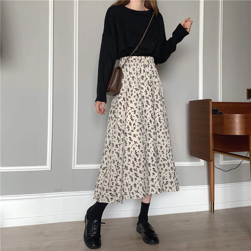 Aiertu Vintage Floral Print A-line Pleated Long Skirts Summer Women Korean Skirt Streetwear Drawstring Elastic Waist Midi Skirt Aiertu
