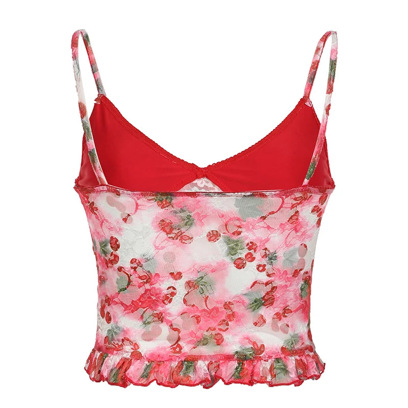 Aiertu Vintage y2k Mesh Crop Top Women Summer Floral Print Sleeveless Patchwork Spaghetti Strap Tops Ladies Sexy Aesthetic Tees Aiertu