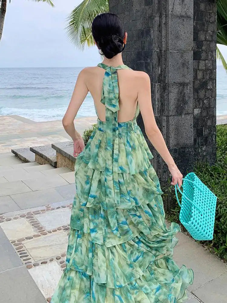 Aiertu Summer Green Tie Dye Sleeveless Halter Bandage Holiday Dress Women Temperament Slim Fashion Sweet Cake Long Dress 2023 Bohemian Aiertu