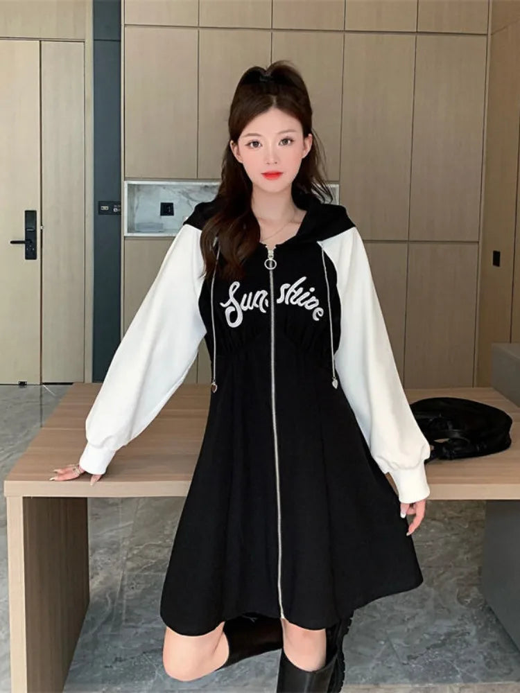 Aiertu Korean Style Oversize Hooded Dress Women Preppy Style School Student Casual Letter Sport Mini Short Dresses Autumn Aiertu