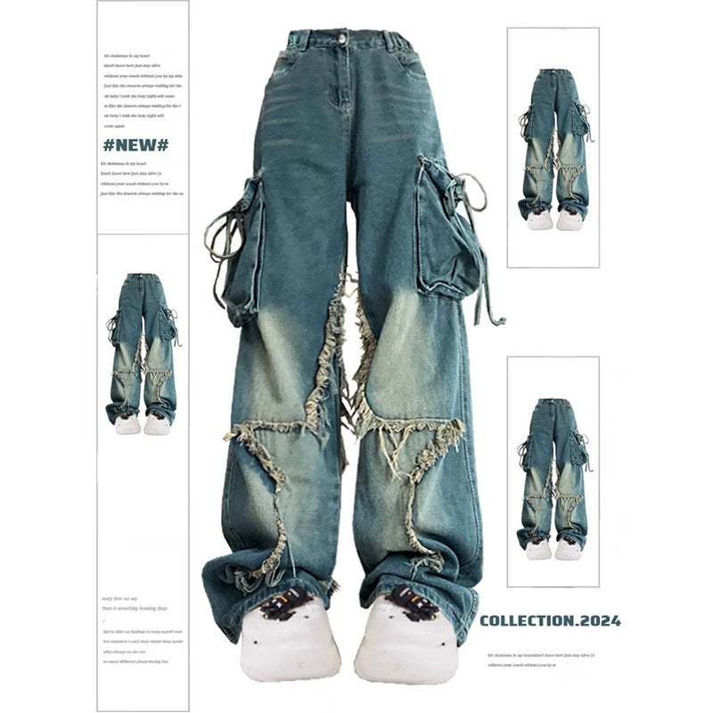 Aiertu Women Blue Cargo Jeans Baggy Vintage 90s Aesthetic High Waist Cowboy Pants Harajuku Denim Trousers Y2k Trashy 2000s Clothes 2024 Aiertu