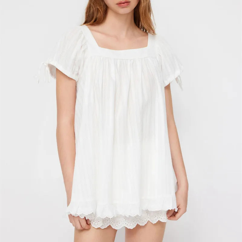 AIERTU  -  Women's Square Neck Puff Sleeve Blouse Loose Fit Ruffle Hem Lace Trim Babydoll Top for Casual Summer Beach and Vacation Outfits Aiertu