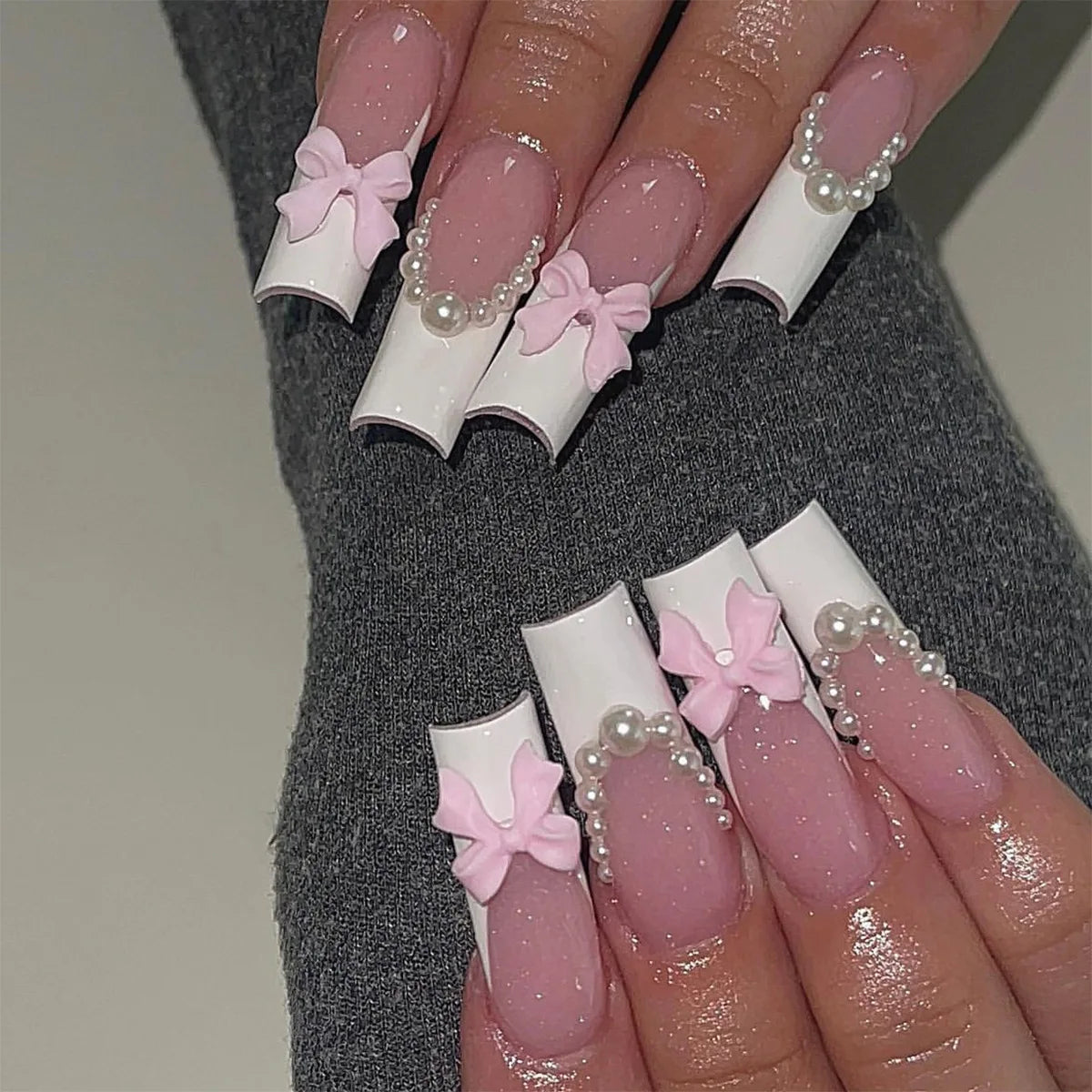 Aiertu 24Pcs Long Ballet False Nails with Bow Designs Pink Coffin Press on Nails Wearable French Fake Nail Full Cover Manicure Tips Aiertu