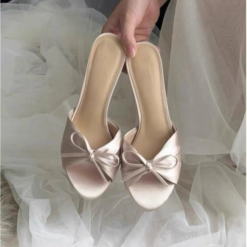 AIERTU  -  Women's Satin Bow Slippers Summer Open Toe Women Stiletto Heel Sandals Elegant Party Wedding Ladies Dress Shoes Non-slip Aiertu