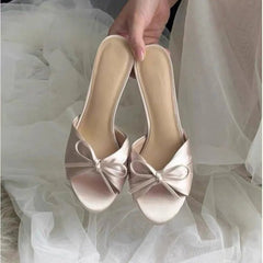 AIERTU  -  Women's Satin Bow Slippers Summer Open Toe Women Stiletto Heel Sandals Elegant Party Wedding Ladies Dress Shoes Non-slip Aiertu