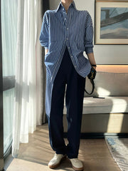Aiertu Blue Striped Shirts for Women Spring Korean Loose Button Up Turn Down Collar Long Sleeve Tops Casual Blouses Aiertu