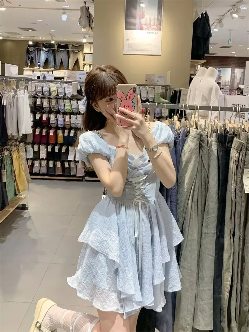 Aiertu Square Collar Dresses Women 2024 Summer Korean Sexy Slim Elegant Fashion Casual Short Sleeve High Waist Fairy Dress Trend Aiertu