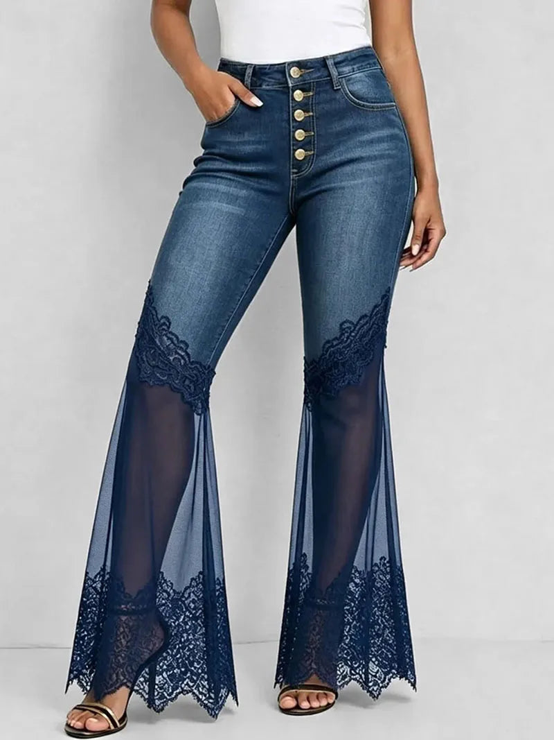 AIERTU  -  Blue Micro Flared Jeans Women High Waisted Multi Breasted Mesh Patchwork Denim Pants Vintage Slim Fit See Through Lace Trousers Aiertu