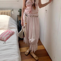 AIERTU  -  Women 2000s Fairycore Boho Lace Trim Hem Bloomers Solid Elastic Mid Rise Ruffle Cropped Flared Slips Pants Bottoms Streetwear Aiertu