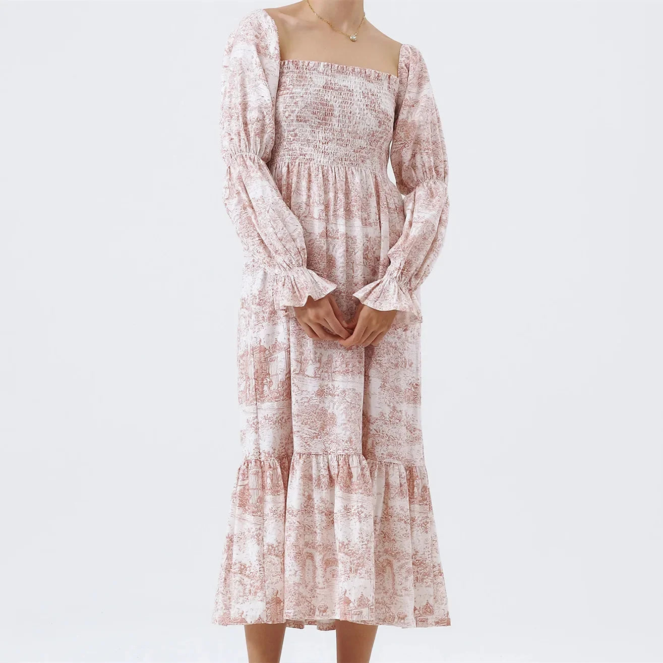 AIERTU  -  Woman Vintage Floral Dress Puff Long Sleeve Off Shoulder Ruffle Long Dress Spring Fall Casual Vintage Bohemian Dresses Aiertu