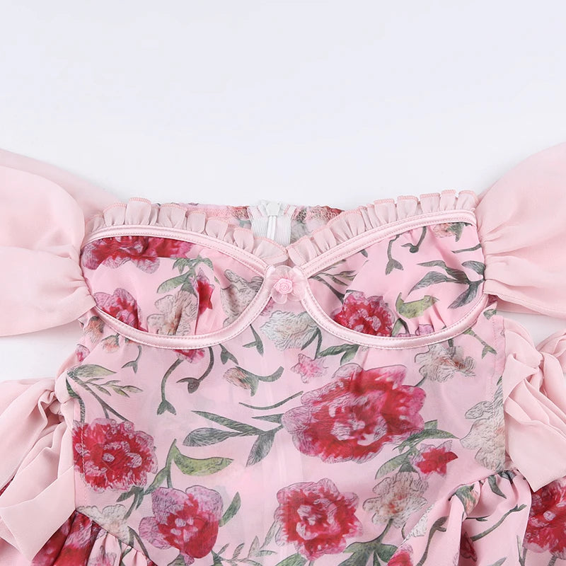 Aiertu Elegant Floral Print Chiffon Dress Pink Side Bandage Aesthetic Irregular Ruffle Mini Dresses Boho Sweet Outfit Party Vacation Aiertu