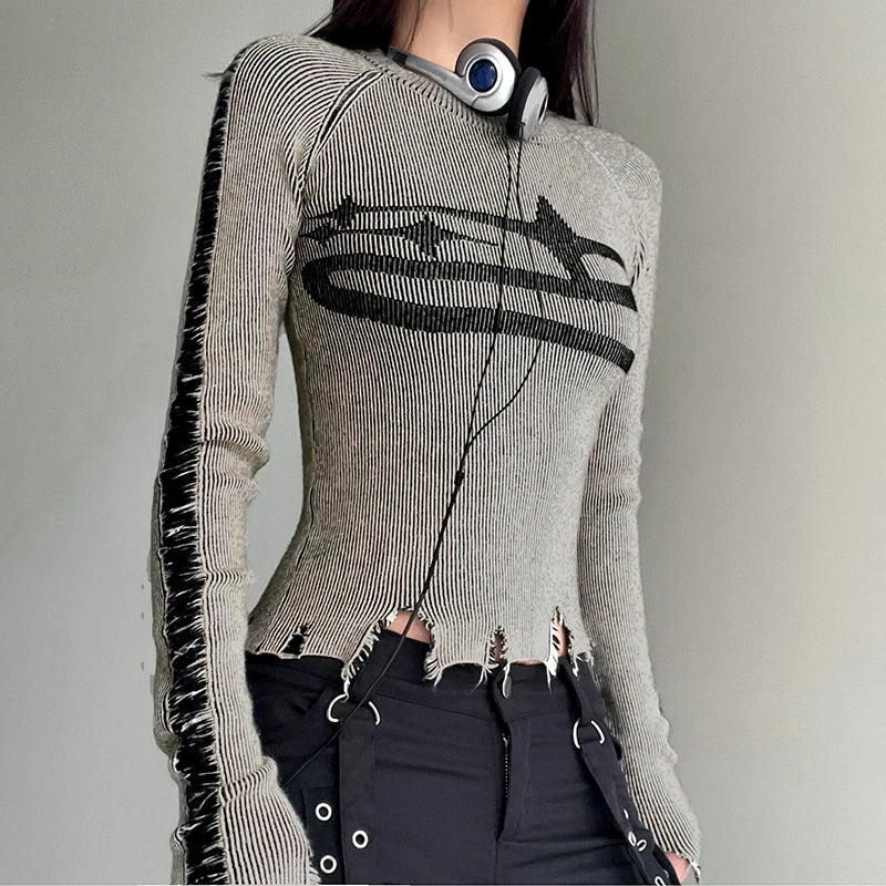 Aiertu Vintage Ripped Stitched Sweater Pullovers Harajuku Print Full Sleeve Jumpers for Women Autumn Winter Knitwears Streetwear Aiertu