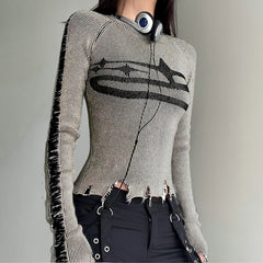Aiertu Vintage Ripped Stitched Sweater Pullovers Harajuku Print Full Sleeve Jumpers for Women Autumn Winter Knitwears Streetwear Aiertu
