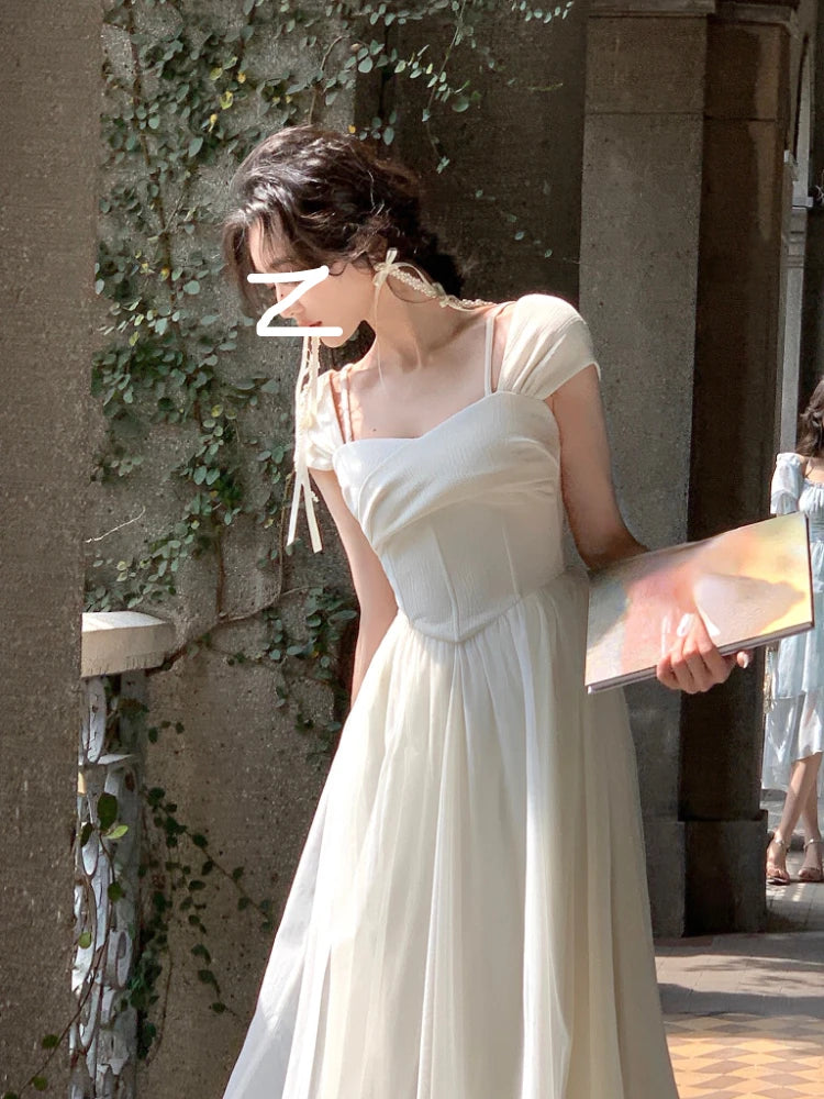 Aiertu Pure Color French Elegant Dress Office Lady 2023 Summer Short Sleeve Fairy Midi Dress Casual Fashion Evening Party Dress Woman Aiertu