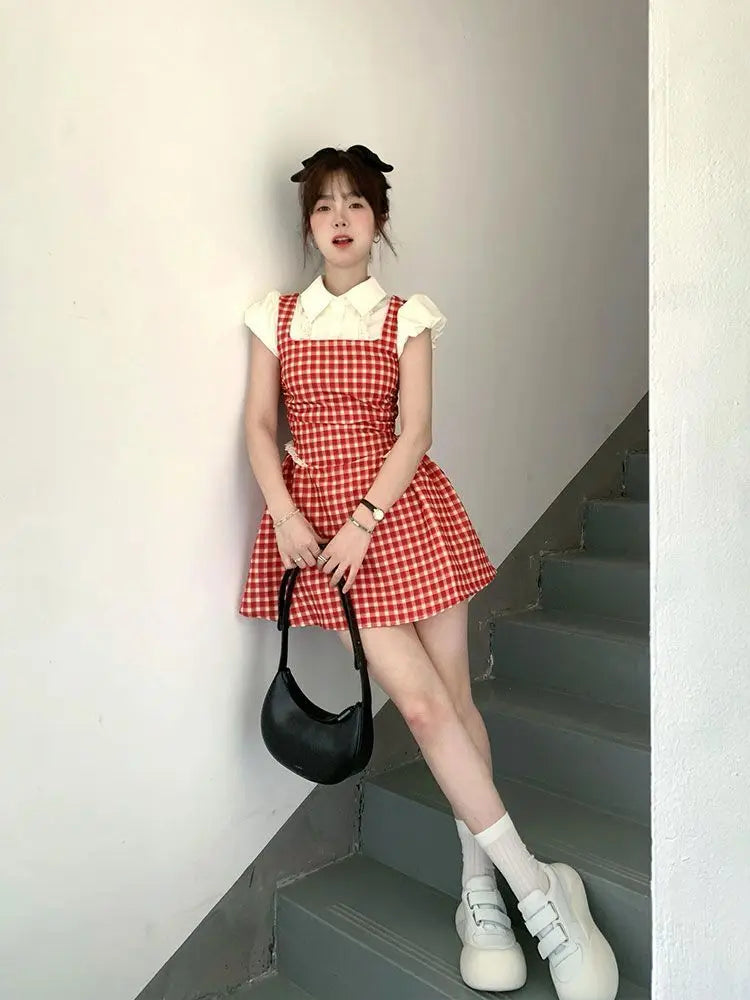 Aiertu Y2k Coquette Kawaii Cute Plaid Shirt Dress Women Preppy Style Sweet Girls Short Party Dresses 2024 Summer Fashion Aiertu