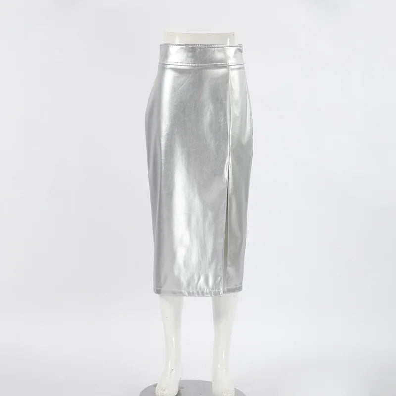 Aiertu Slit Silver Skirts Women Elegant High Waist Leather Pu Long Skirts Autumn Slim Party Sexy Straight Skirts Female Vintage Y2k Aiertu